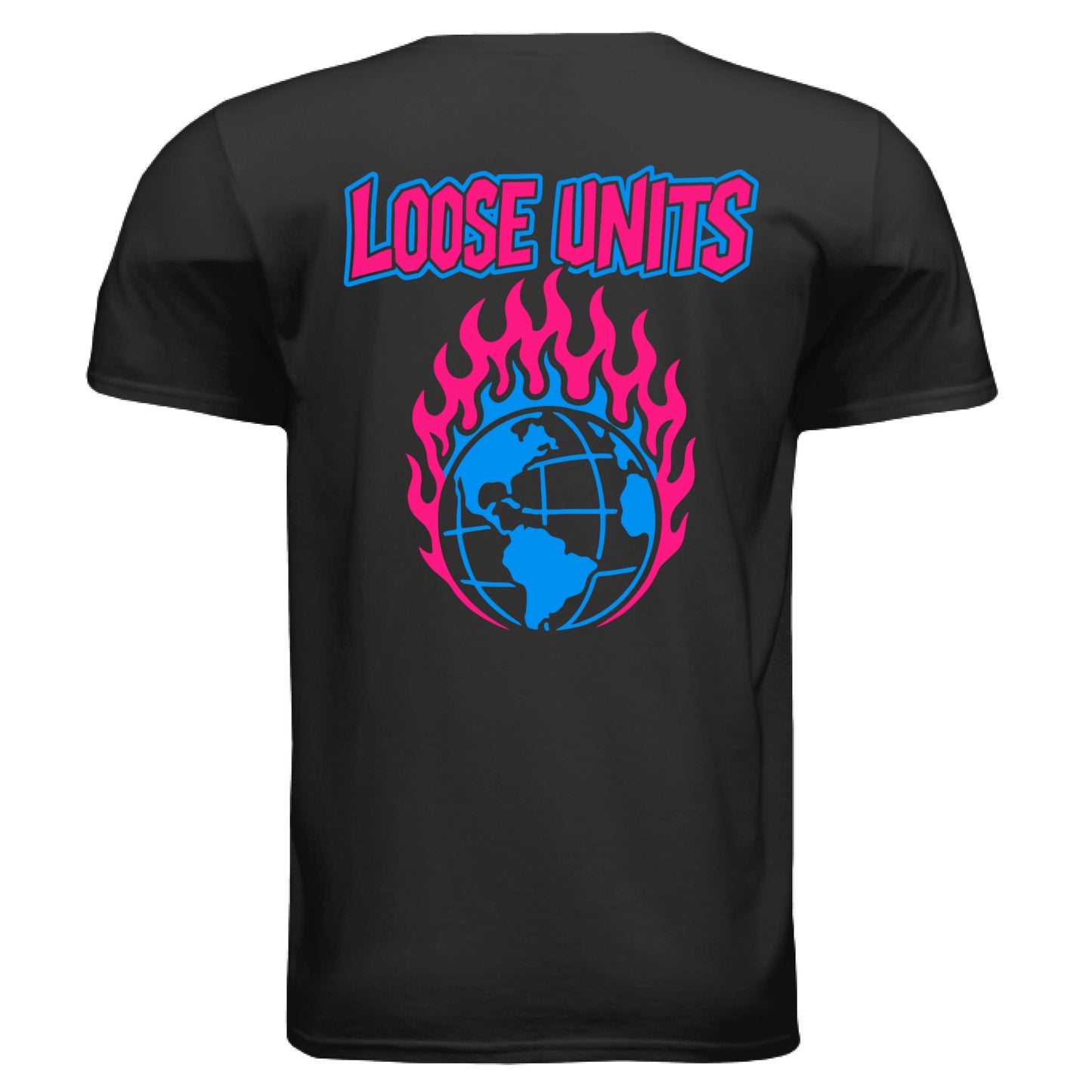Loose Units black t-shirt with pink flaming globe graphic design and blue earth detail