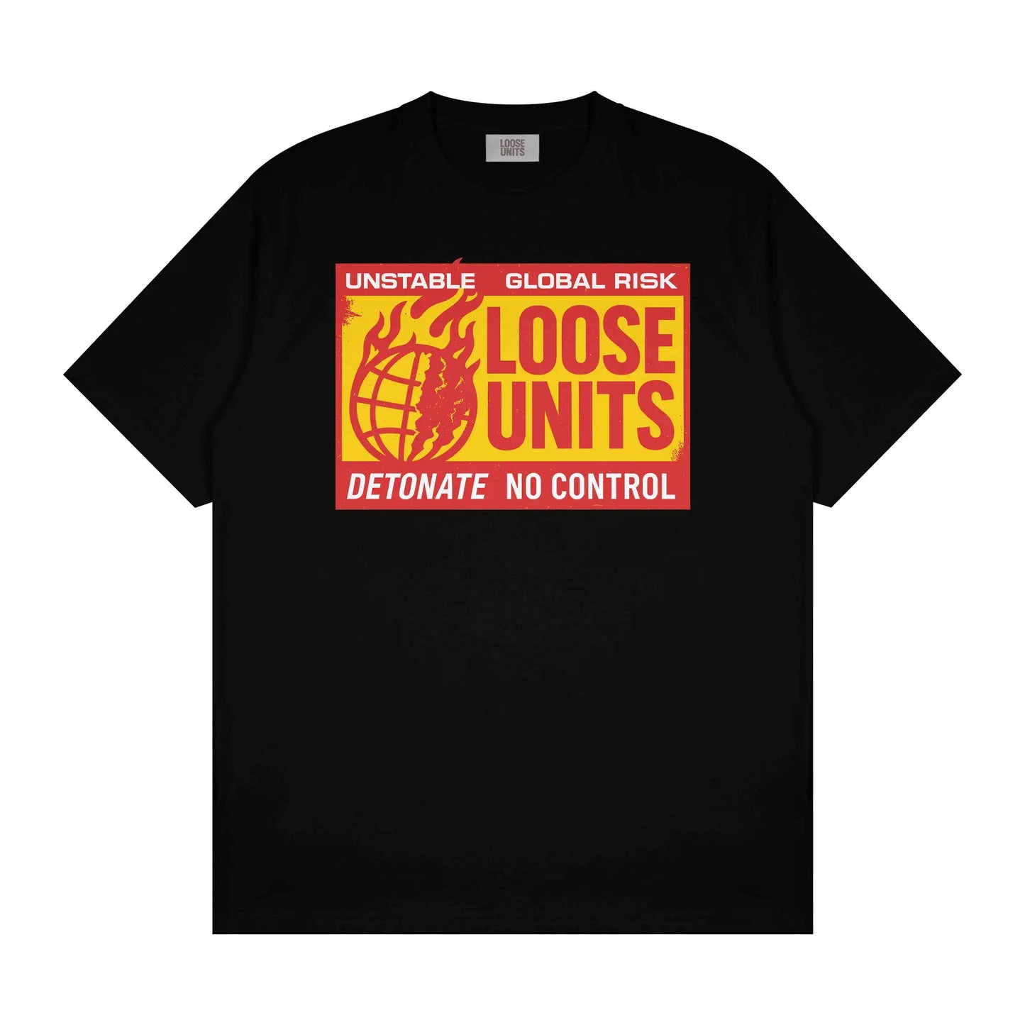 Loose Units Black T-Shirt with fiery Unstable Global Risk