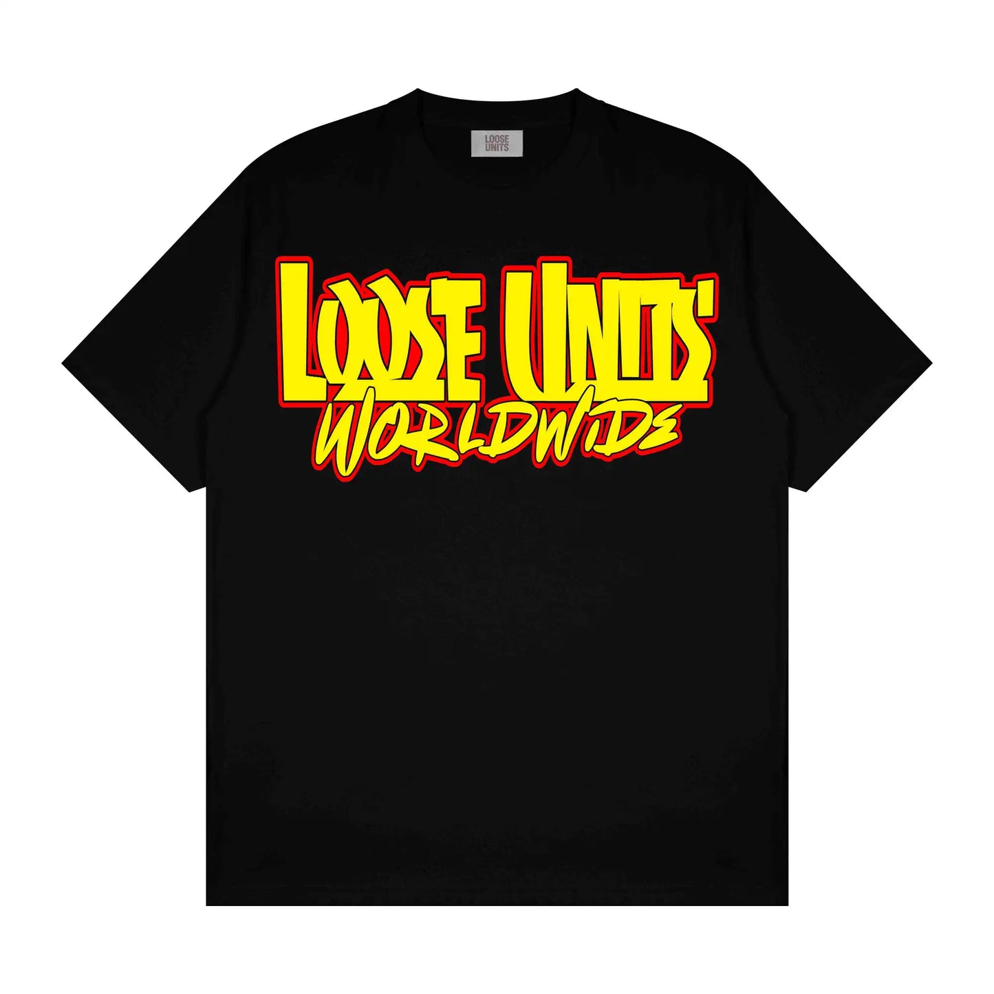 Loose Units Worldwide logo detail on premium streetwear t-shirt