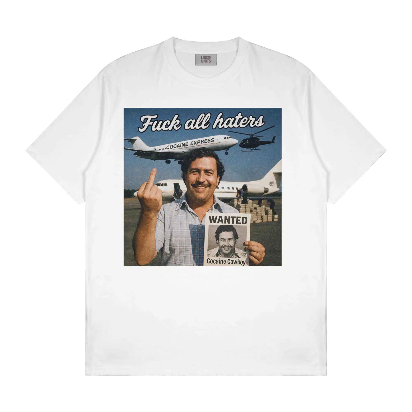 White t shirt featuring Pablo Escobar wanted poster graphic, long sleeve cotton vintage clothing, oversized graphic tee from Loose Units apparel