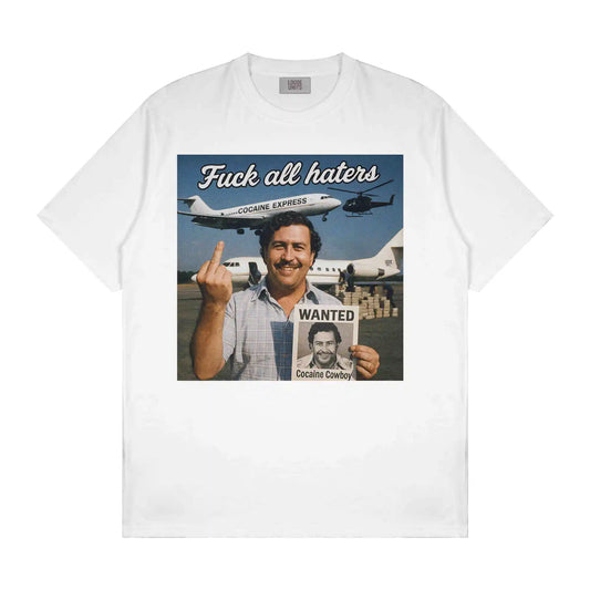 White t shirt featuring Pablo Escobar wanted poster graphic, long sleeve cotton vintage clothing, oversized graphic tee from Loose Units apparel
