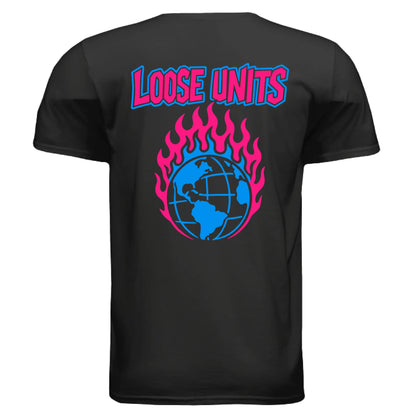 Black t-shirt with 'Loose Units' text and globe design on a white background