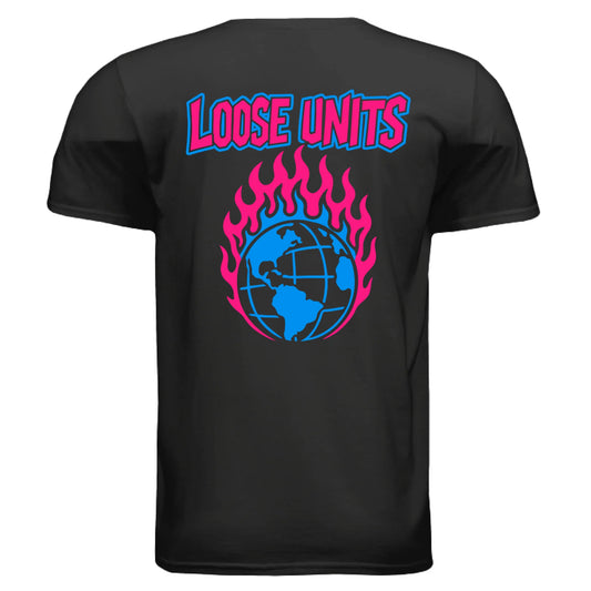 Black t-shirt with 'Loose Units' text and globe design on a white background