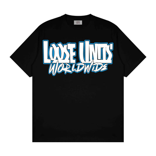 Loose Units Worldwide black t-shirt with white and blue neon graphic logo design