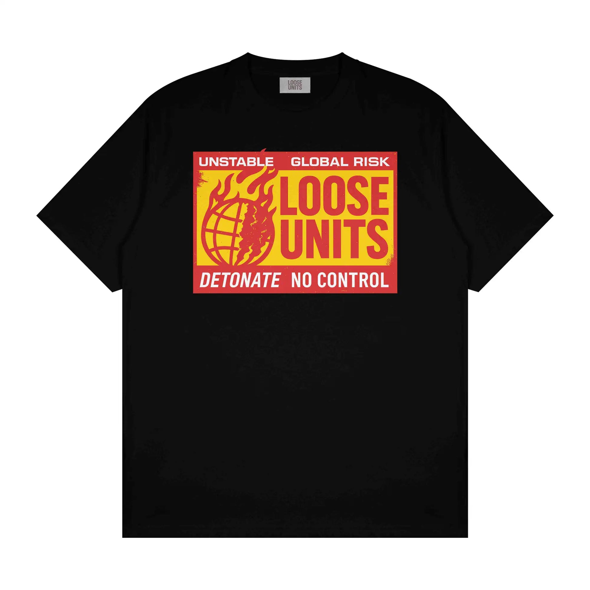 Loose Units Black T-Shirt with fiery Unstable Global Risk logo for streetwear