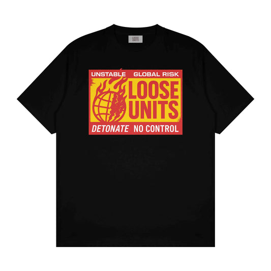 Loose Units Black T-Shirt with fiery Unstable Global Risk logo for streetwear