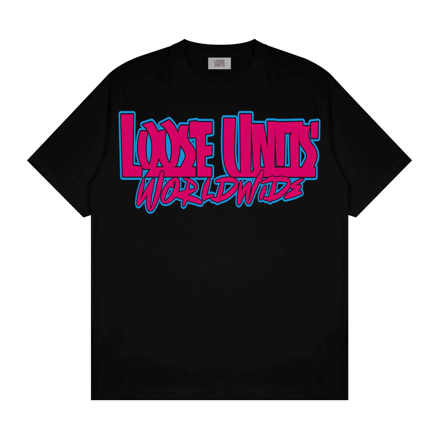 Electric pink & blue Loose Units Worldwide tee. Bold neon streetwear for skaters, motocross riders & car enthusiasts who stand out. Shop now