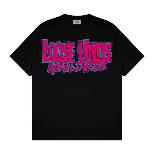 Electric pink & blue Loose Units Worldwide tee. Bold neon streetwear for skaters, motocross riders & car enthusiasts who stand out. Shop now