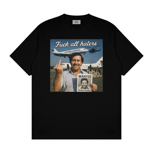 Loose Units White T-Shirt with Escobar Cocaine Cowboy Wanted logo for streetwear