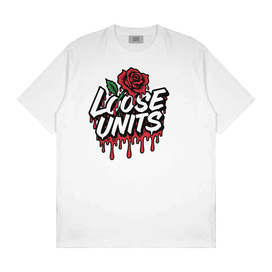Loose Units White T-Shirt with bold red rose dripping logo for streetwear